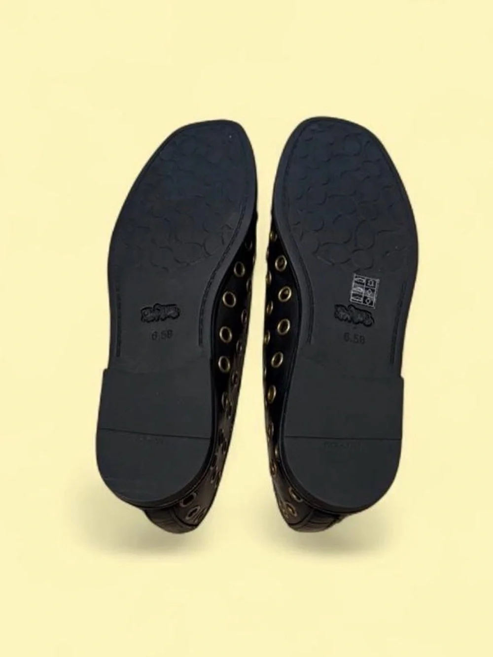 Coach Black Leather Ballet Flats with Gold Eyelets